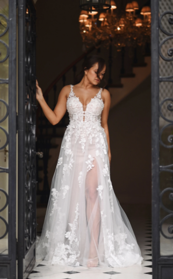 Martina Liana Style #1696 #0 default (IVIV-PL) Ivory Lace & Tulle over Ivory Gown w Porcelain Tulle Plunge thumbnail