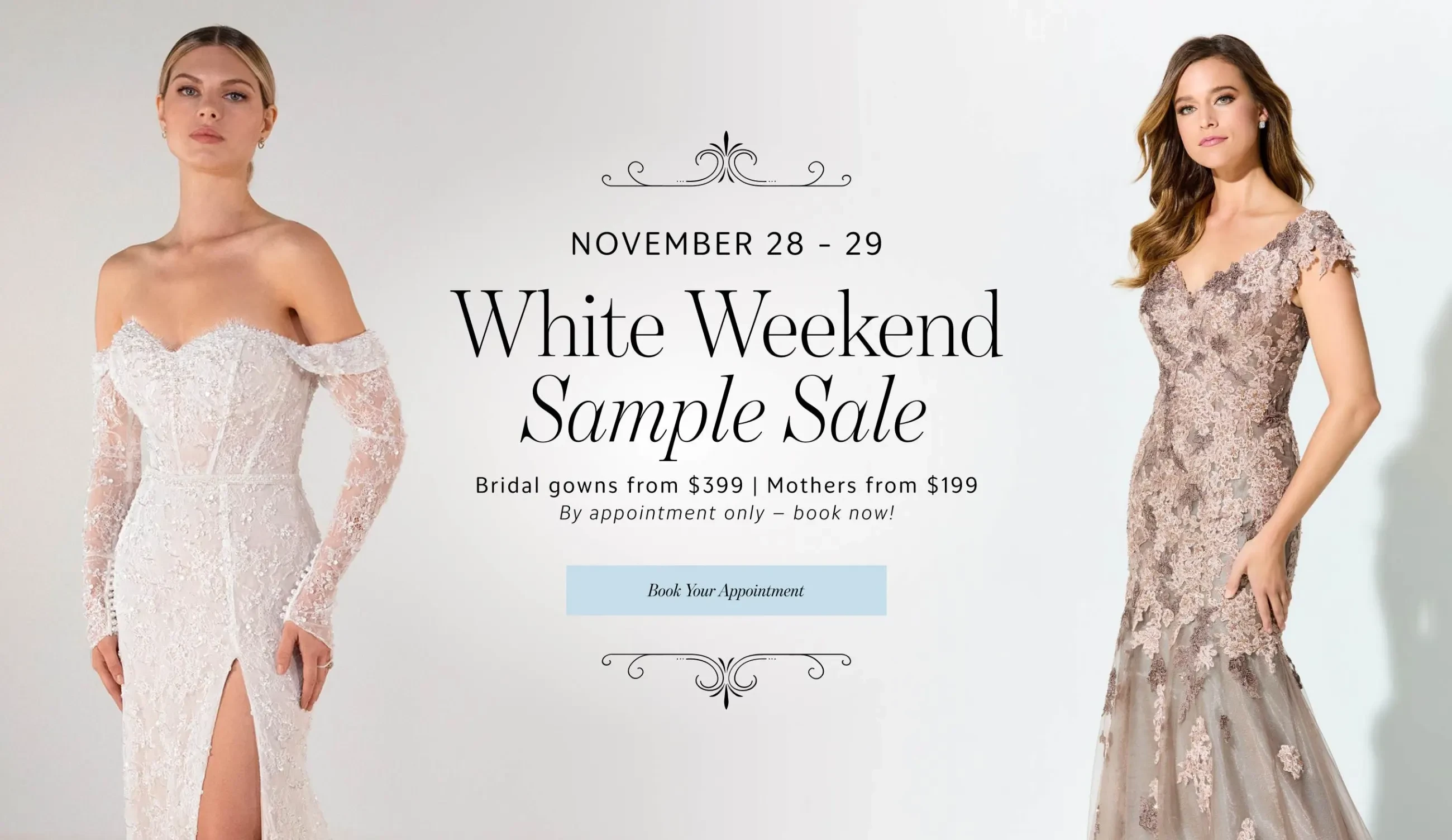 white weekend sample sale banner
