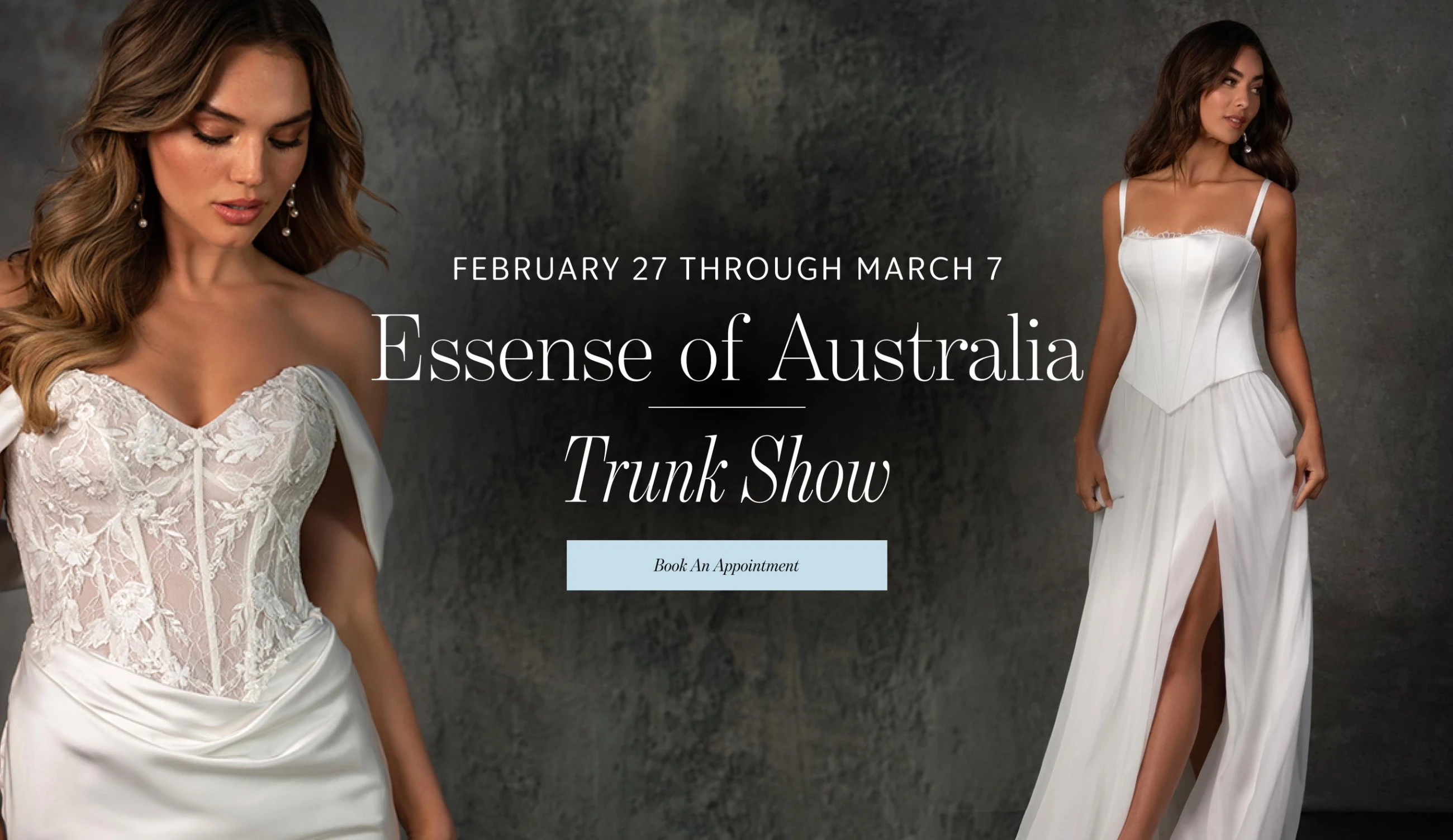 Models wearing Essense of Australia bridal dresses, Trunk Show desktop banner